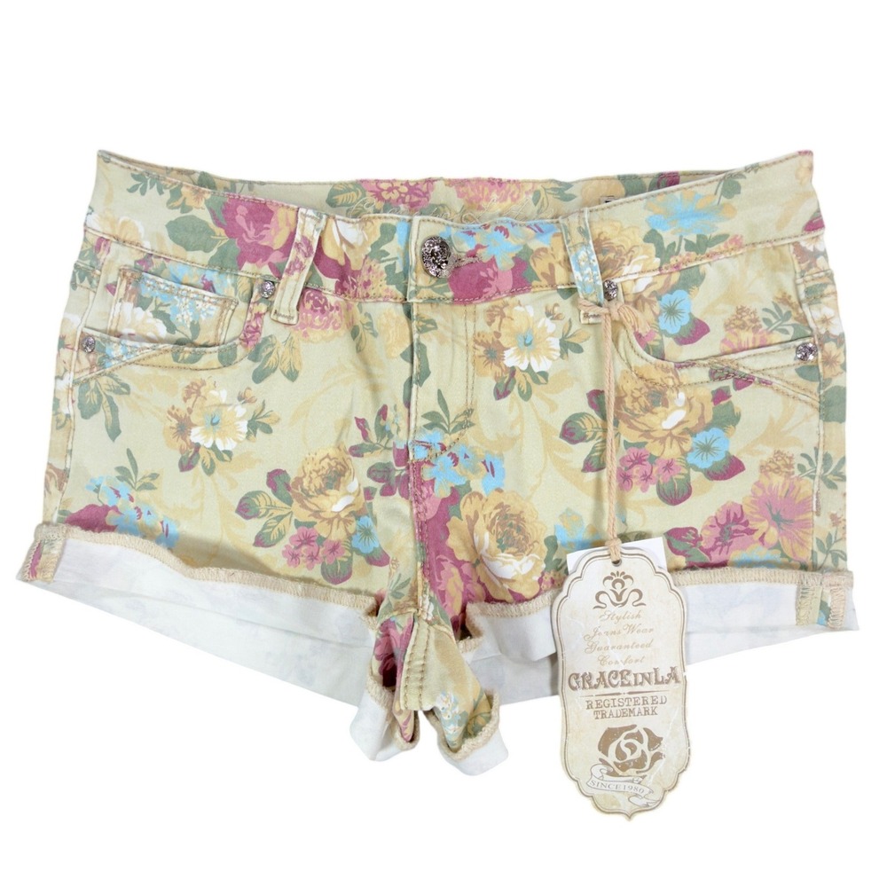 Grace in LA Modern Floral Denim Shorts Juniors 7/27 Yellow NWT
